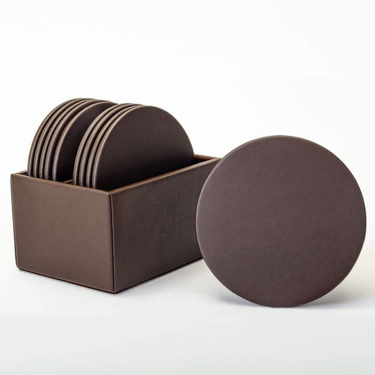 Dacasso Leatherette Round Coaster Set - Round - Chocolate Brown - Leatherette - 1Each