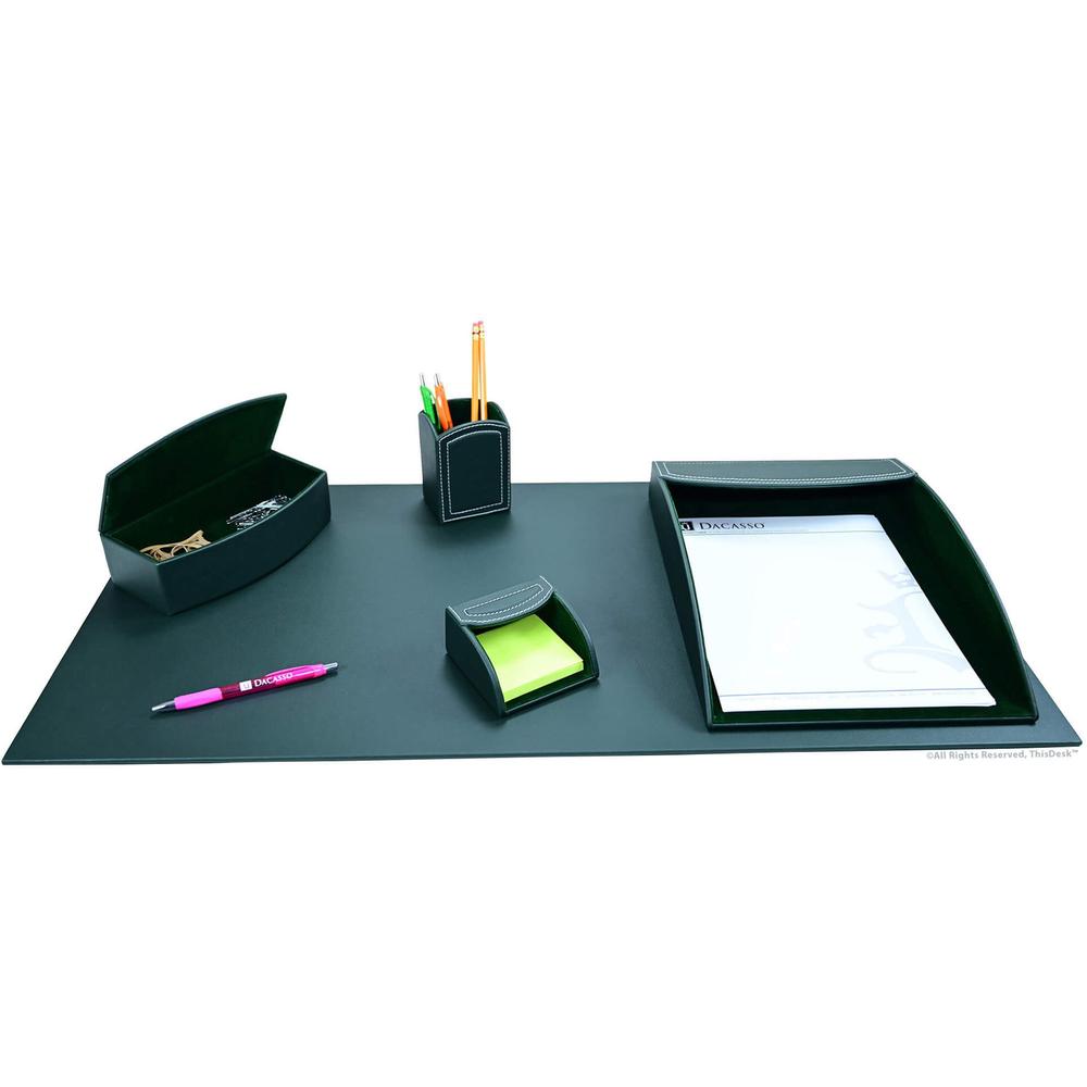 Dacasso 5-piece Home/Office Leather Desk Accessory Set - Velveteen, PU Leather - Forest Green - 1 Each