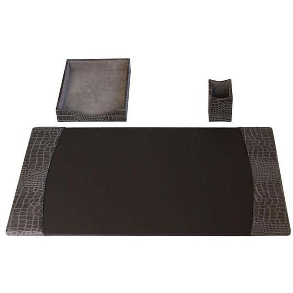 Protacini Castlerock Gray Italian Patent Leather 3-Piece Desk Set - Leather, Velveteen - Gray - 1 Each