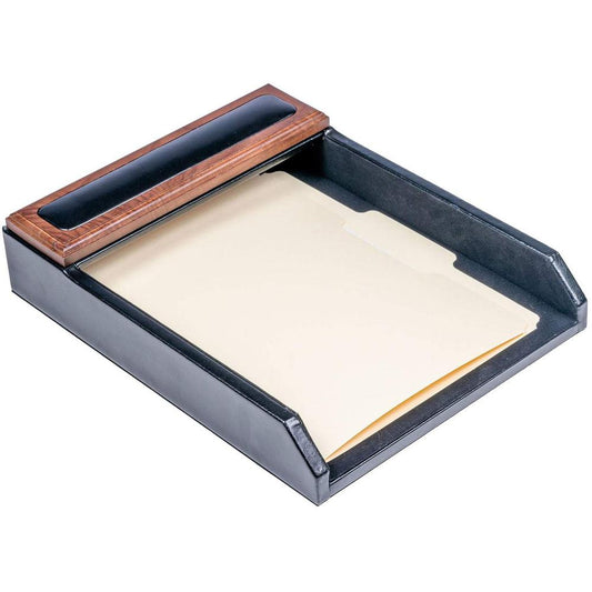 Dacasso Walnut & Leather Letter Tray - 9.25" x 12.25"Desktop - Black - Top Grain Leather, Walnut, Wood, Velveteen - 1 Each