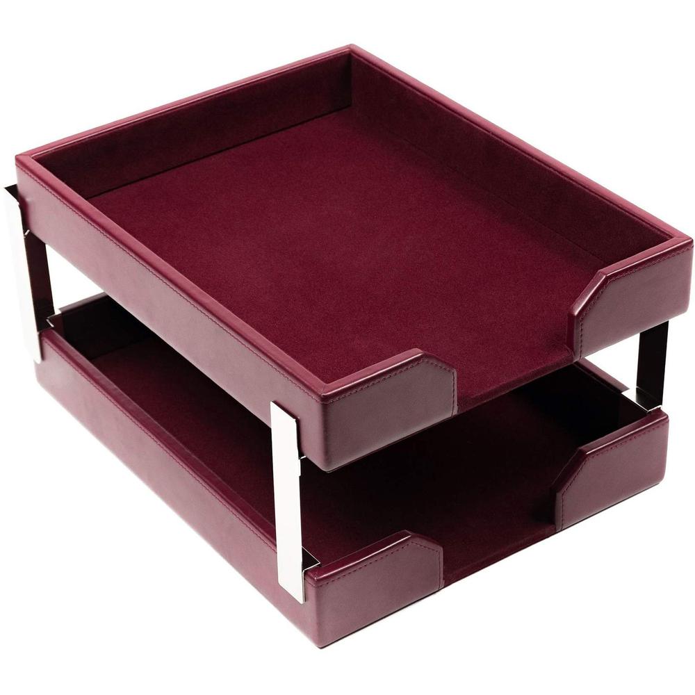 Dacasso Bonded Leather Double Letter Trays - Desktop - Burgundy - Bonded Leather, Velveteen - 1 Each