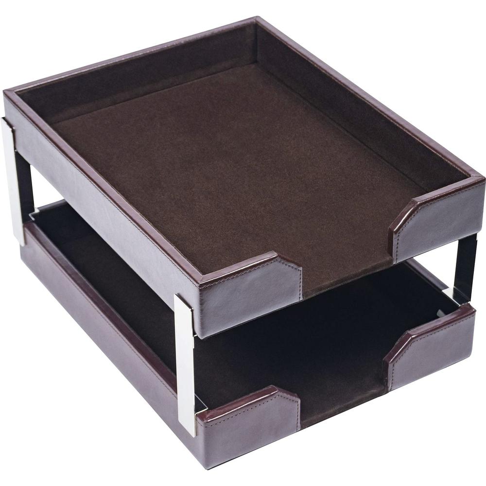 Dacasso Bonded Leather Double Letter Trays - Desktop - Dark Brown - Bonded Leather, Velveteen - 1 Each