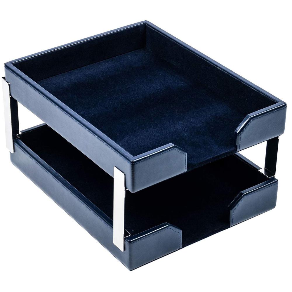 Dacasso Bonded Leather Double Letter Trays - Desktop - Navy Blue - Bonded Leather, Velveteen - 1 Each