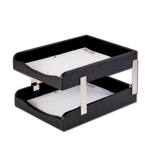 Dacasso Crocodile Embossed Black Leather Double Letter Trays - Desktop - Black - Leather, Velveteen - 1 Each