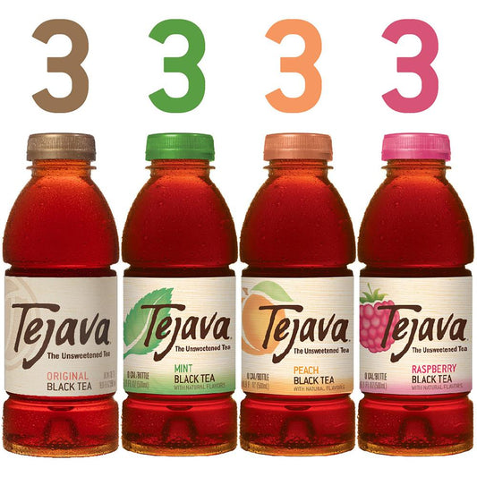 Tejava Assorted Flavors - Peach, Mint, Raspberry, Original Black Tea Bottle - 3 Bottle - 12 / Carton