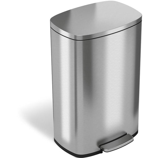 HLS Commercial Stainless Steel Soft Step Trash Can - 13 gal Capacity - Fire Resistant - Smooth, Foot Pedal, Fingerprint Resistant, Smudge Resistant, Lid Locked, Removable Inner Bin, Non-skid, Rubber F