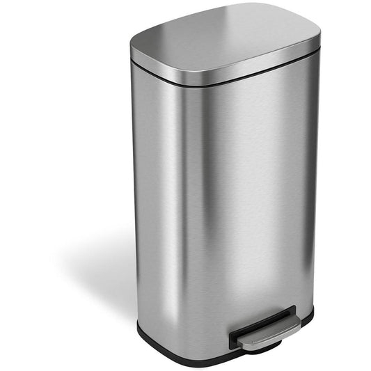 HLS Commercial Stainless Steel Soft Step Trash Can - 8 gal Capacity - Fire Resistant - Smooth, Pedal Control, Fingerprint Resistant, Smudge Resistant, Lid Locked, Rubber Feet, Handle, Non-skid, Remova