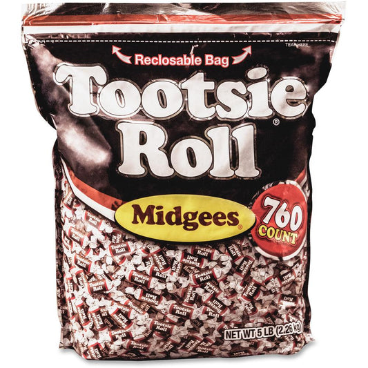 Tootsie Roll Midgees Candy - Assorted - Individually Wrapped, Resealable Container - 5 lb - 1 Bag - 760 Per Bag