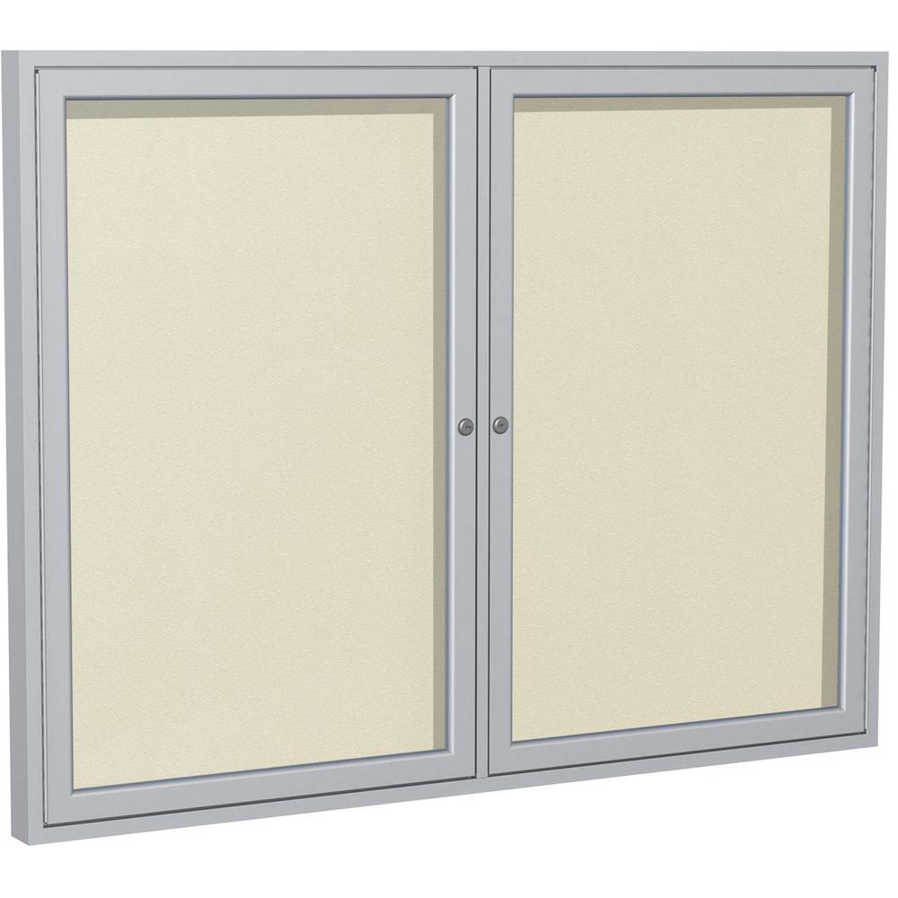 Ghent 2 Door Enclosed Vinyl Bulletin Board with Satin Frame - 36" Height x 48" Width - Ivory Vinyl Surface - Weather Resistant, Water Resistant, Damage Resistant, Tackable, Lockable, Durable, Self-hea