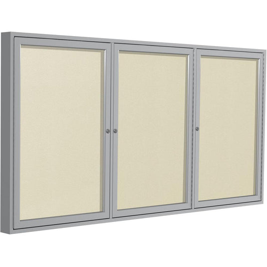 Ghent 3 Door Enclosed Vinyl Bulletin Board with Satin Frame - 48" Height x 72" Width - Ivory Vinyl Surface - Weather Resistant, Water Resistant, Damage Resistant, Tackable, Lockable, Durable, Self-hea