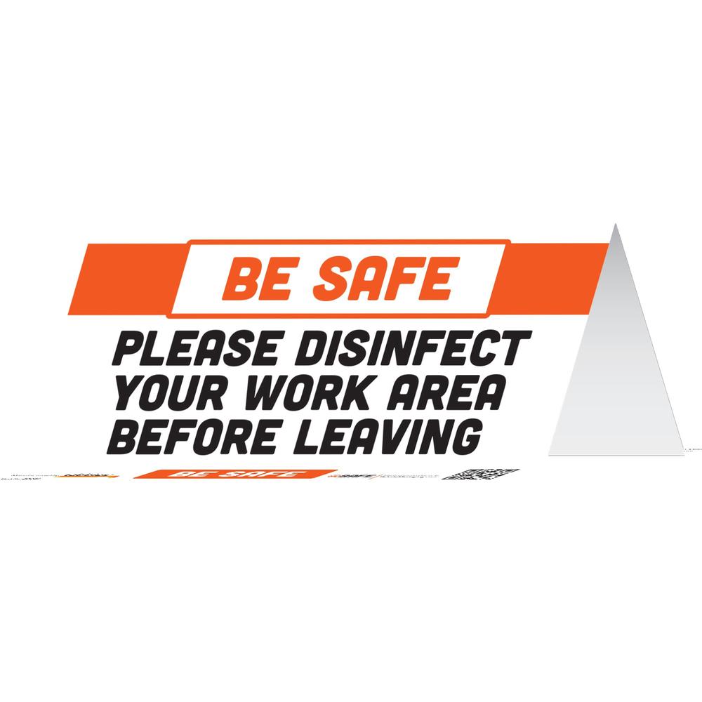 Tabbies PLEASE DISINFECT AREA Message Table Tent - 10 / Carton - Please Disinfect Your Work Area Before Leaving Print/Message - 8" Width x 3.9" Height - Rectangular Shape - Self-adhesive, Tear Resista