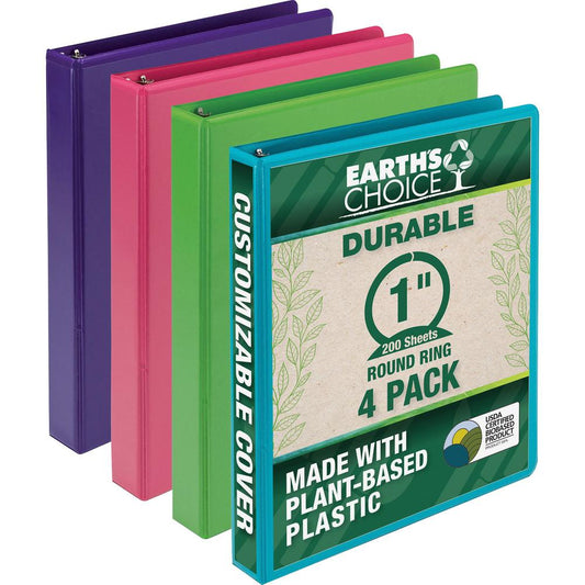 Samsill Earthchoice Durable View Binder - 1" Binder Capacity - Letter - 8 1/2" x 11" Sheet Size - 200 Sheet Capacity - 1" Ring - 3 x Round Ring Fastener(s) - 2 Internal Pocket(s) - Chipboard - Assorte