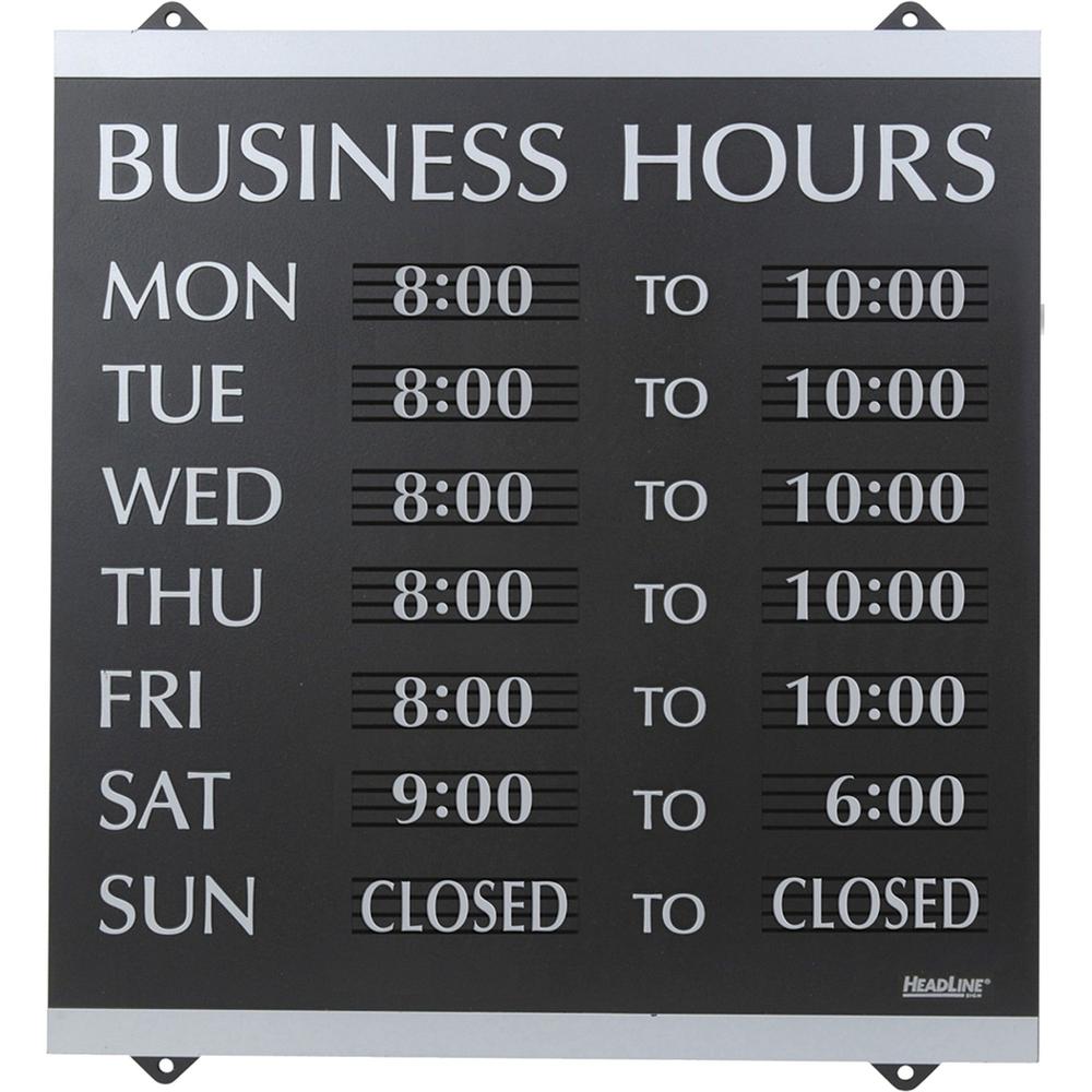 Headline Signs Business Hours Sign - 1 Each - Business Hours Print/Message - 14" Width - Heavy Duty, Durable - Plastic - Black, Gray