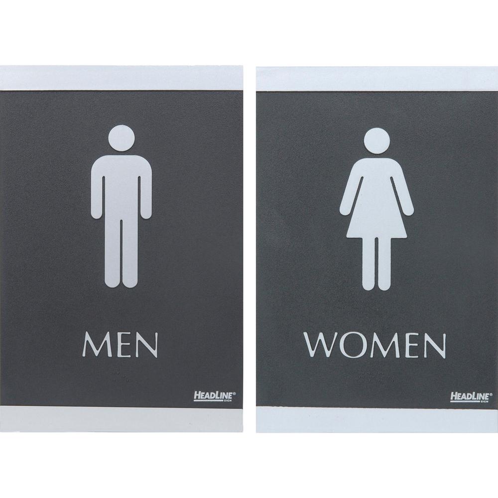 Headline Signs ADA MEN/WOMEN Restroom Sign - 1 Set - Men, Women Print/Message - 6" Width9" Depth - Rectangular Shape - Silver Print/Message Color - Adhesive Backing, Durable, Pictogram, Self-adhesive,