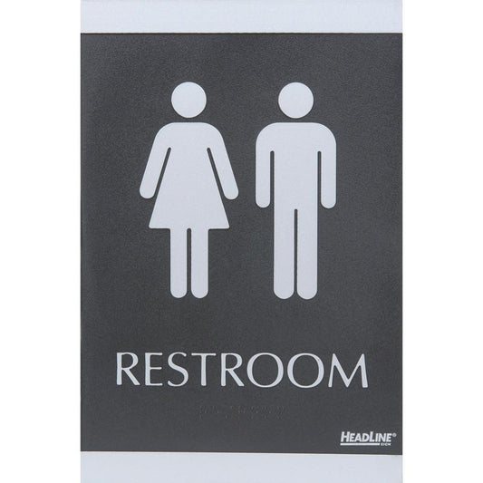 Headline Signs ADA RESTROOM Sign - 1 Each - Restroom Print/Message - 6" Width9" Depth - Rectangular Shape - Silver Print/Message Color - Adhesive Backing, Durable, Pictogram, Self-adhesive, Braille -