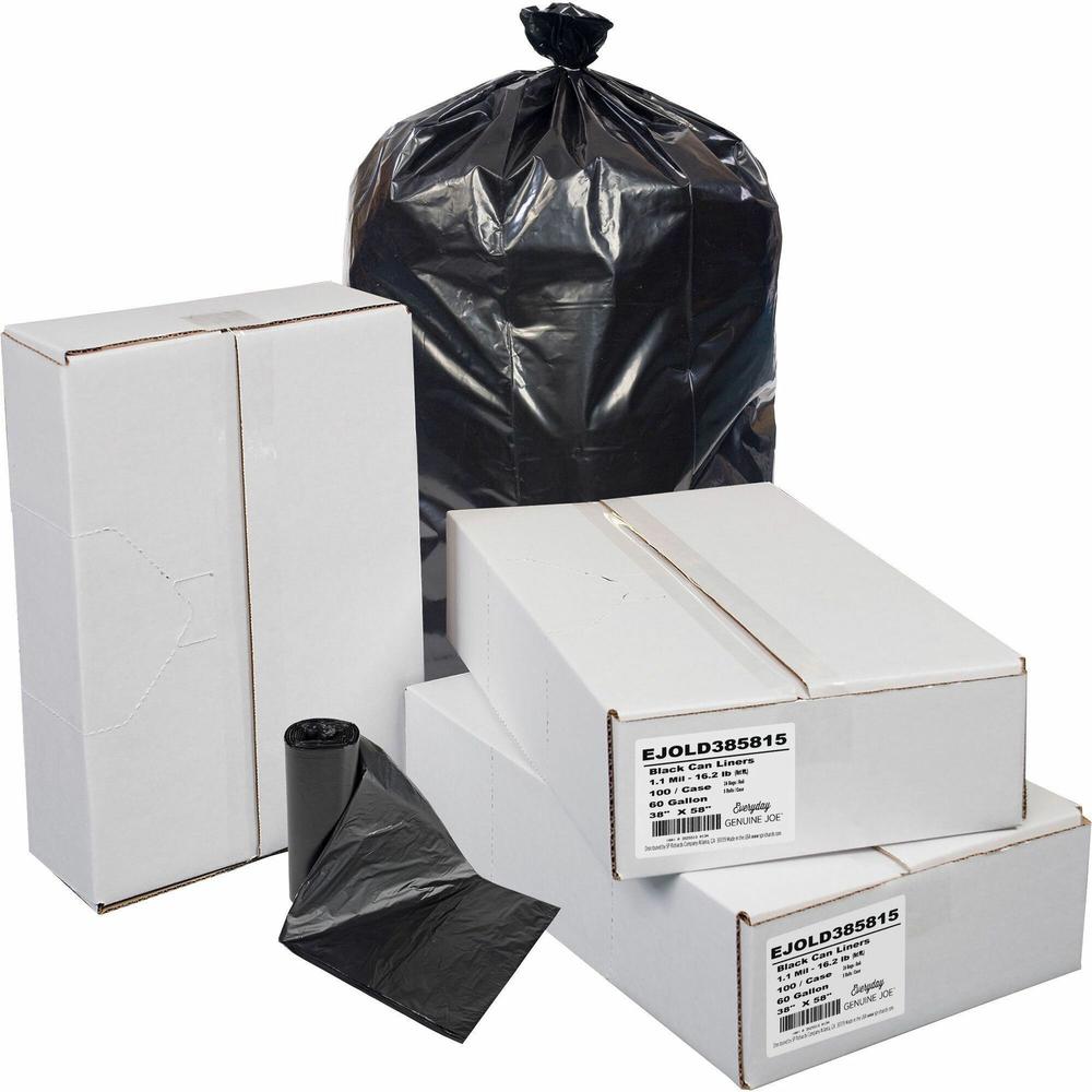 Everyday Genuine Joe Low-Density Can Liners - 60 gal Capacity - 38" Width x 58" Length - 1.10 mil (28 Micron) Thickness - Low Density - Black - Resin - 100/Carton - Office Waste, Receptacle - Recycled