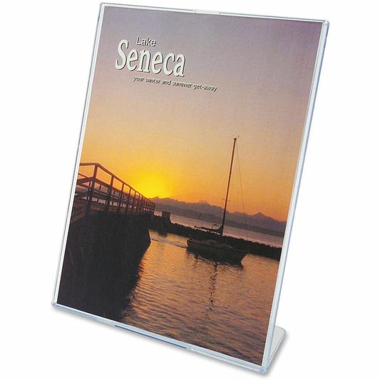 Deflecto Superior Image Slanted Sign Holders - 12 / Carton - 8.5" Width x 11" Height x 3.5" Depth - L-shaped Shape - Top Loading, Durable - Polystyrene - Clear