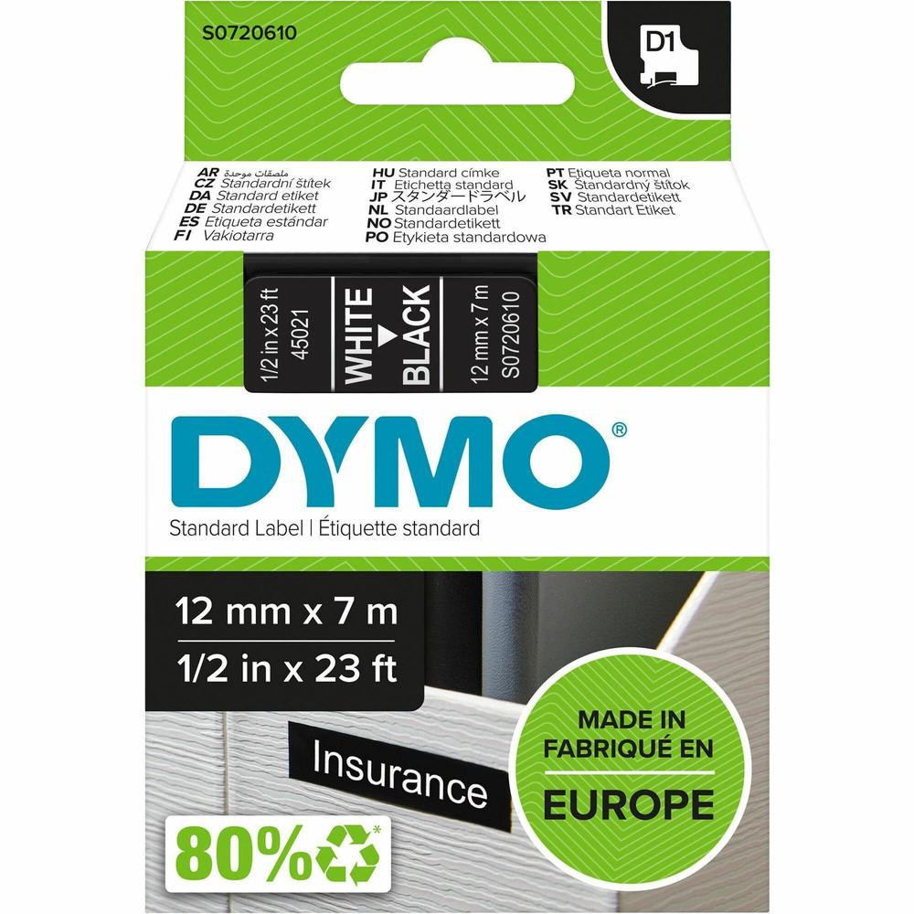 Dymo S0720610 D1 45021 Tape 12mm x 7m White on Black - 15/32" Width x 22 31/32 ft Length - White on Black - 1 Each - Easy Peel, Durable