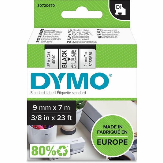 Dymo S0720670 D1 40910 Tape 9mm x 7m Black on Clear - 23/64" Width x 22 31/32 ft Length - Black on Clear - 1 Each - Easy Peel, Durable