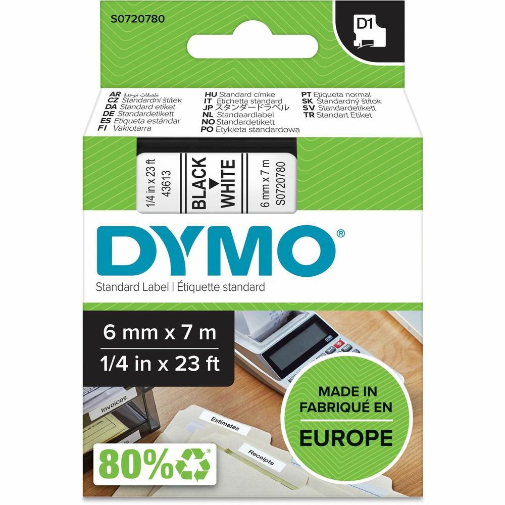 Dymo S0720780 D1 43613 Tape 6mm x 7m Black on White - 15/64" Width x 22 31/32 ft Length - Black on White - 1 Cassette - Easy Peel, Durable