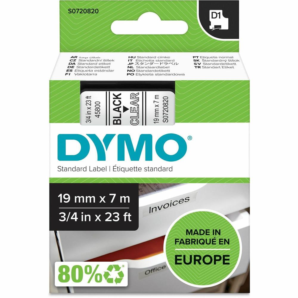 Dymo S0720820 D1 45800 Tape 19mm x 7m Black on Clear - 3/4" Width x 22 31/32 ft Length - Black on Clear - 1 Each - Easy Peel, Durable