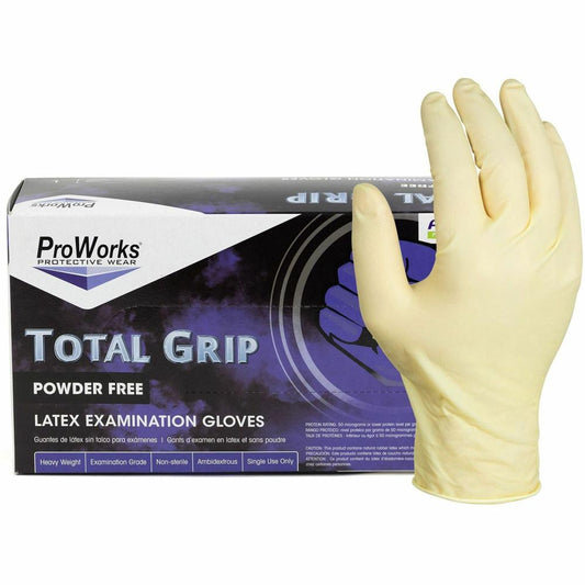 ProWorks Total Grip Latex Powder Free Exam Gloves - X-Large Size - For Right/Left Hand - Latex - Natural - Double Chlorinated, Non-sterile - For Automotive, Aerospace, Correction, Laboratory, Oil & Ga