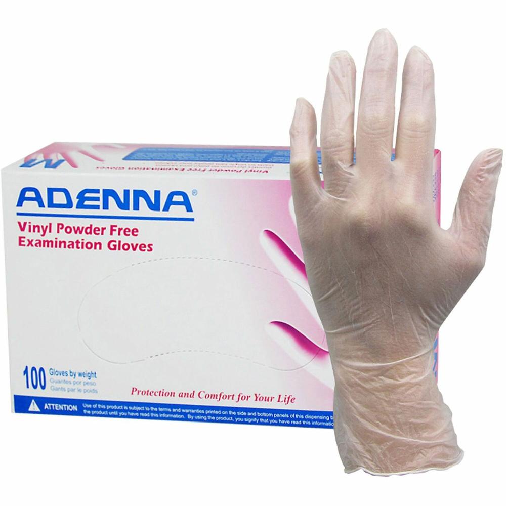 Adenna Vinyl Powder Free Exam Gloves - Large Size - Polyvinyl Chloride (PVC) - Translucent - Latex-free, Comfortable, Non-sterile - For Examination, Industrial, Cosmetology, Food Processing, Healthcar