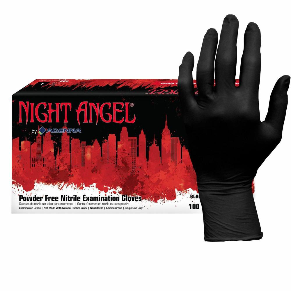 NIGHT ANGEL Nitrile Powder Free Exam Glove - Large Size - For Right/Left Hand - Nitrile - Dark Black - Latex-free, Soft, Flexible, Non-sterile, Textured - For Examination, Tattoo Studio, Cosmetology,