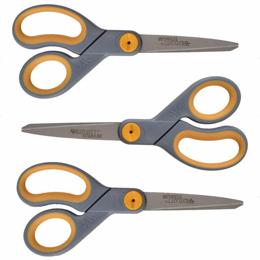 Westcott Titanium Bonded Scissors Set - 8" Overall Length - Straight-left/right - Titanium - Pointed Tip - Gray/Yellow - 1 Each