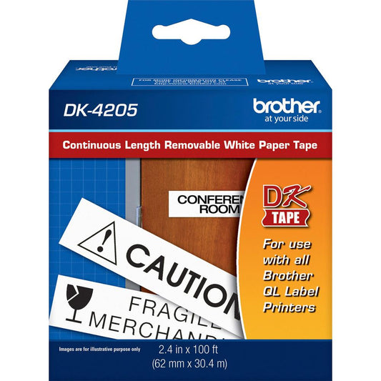 Brother DK4205 - Black on White Removable Continuous Length Paper Tape - Removable Adhesive - 2.50" Width x 100 ft Length - Direct Thermal - White - Paper - 1 / Roll