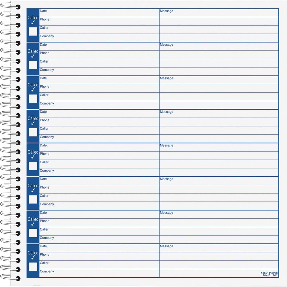 Adams Voice Mail Log Book - 60 Sheet(s) - Spiral Bound - 7.50" x 8.50" Sheet Size - 2 / Pack