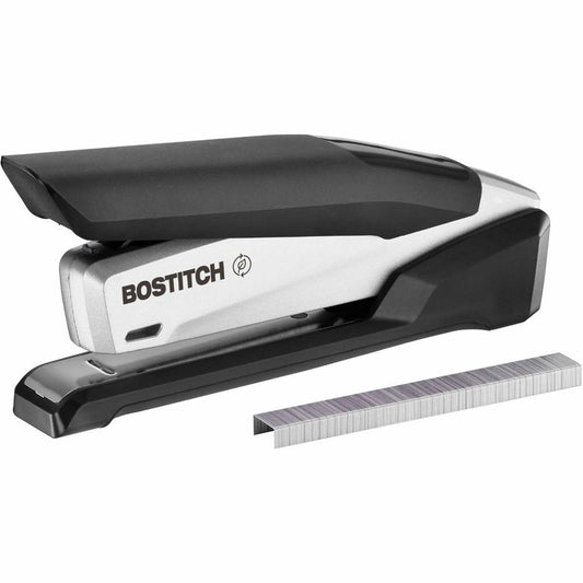 Bostitch InPower Spring-Powered Antimicrobial Desktop Stapler - 28 Sheets Capacity - 210 Staple Capacity - Full Strip - 1 Each - Silver, Black