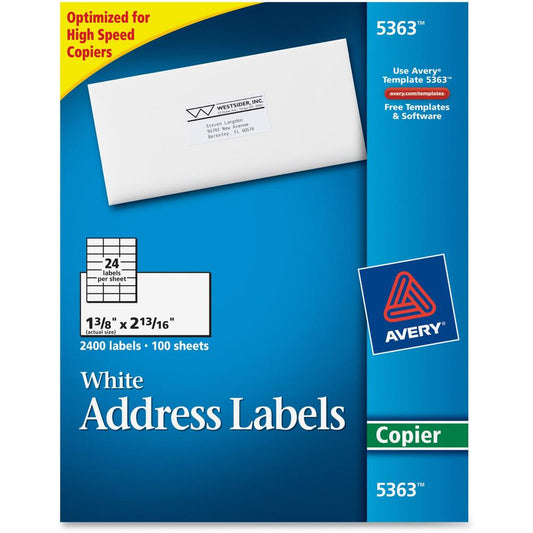 Avery&reg; Copier Address Labels - 1 3/8" Width x 2 13/16" Length - Permanent Adhesive - Rectangle - White - Paper - 24 / Sheet - 100 Total Sheets - 2400 Total Label(s) - 2400 / Box