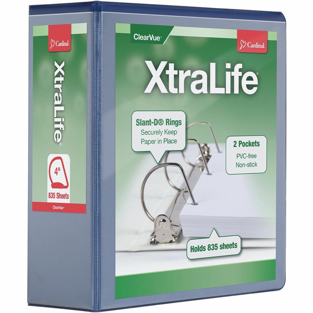 Cardinal Xtralife ClearVue Locking Slant-D Binders - 4" Binder Capacity - Letter - 8 1/2" x 11" Sheet Size - 890 Sheet Capacity - 3 3/5" Spine Width - 3 x D-Ring Fastener(s) - 2 Inside Front & Back Po