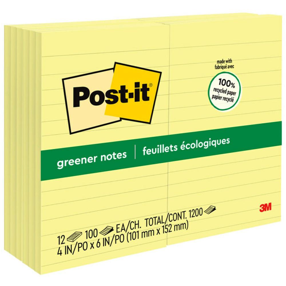 Post-it&reg; Greener Notes - 1200 - 4" x 6" - Rectangle - 100 Sheets per Pad - Ruled - Canary Yellow - Paper - Self-adhesive, Repositionable - 12 / Pack - Recycled