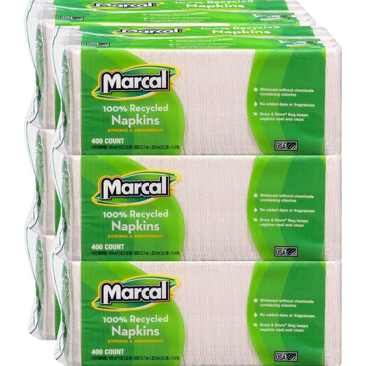 Marcal 100% Recycled Luncheon Napkins - 1 Ply - 12.50" x 11.40" - White - Paper - Hypoallergenic, Dye-free, Fragrance-free, Strong, Absorbent - For Food Service, Office Building, Lunch - 400 Per Pack