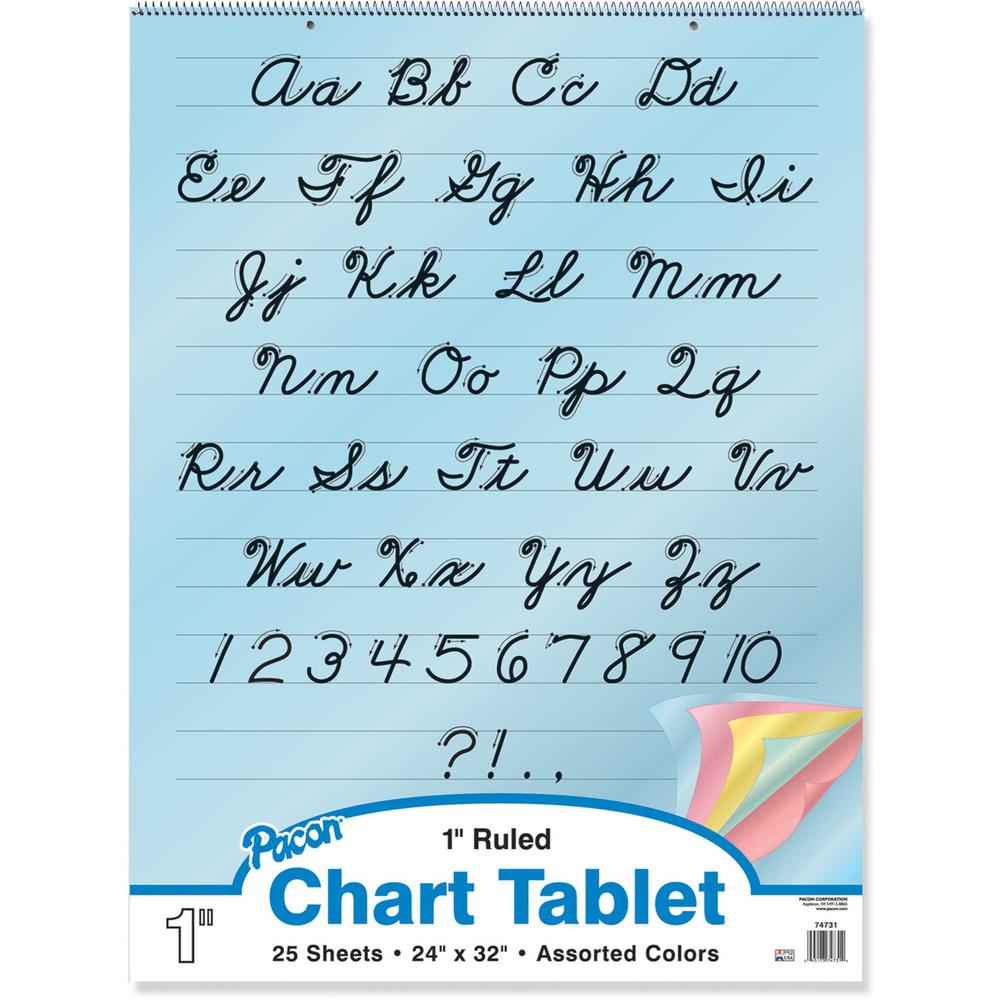 Pacon Cursive Cover Colored Paper Chart Tablet - 25 Sheets - 1" Ruled - 24" x 32"24" x 32" - Assorted Paper - Recycled - 1 Each