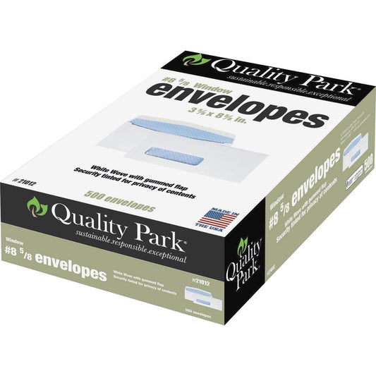 Quality Park No. 8-5/8 Single Window Security Tinted Check Envelope - Single Window - #8 5/8 - 3 5/8" Width x 8 5/8" Length - 24 lb - Gummed - Wove - 500 / Box - White