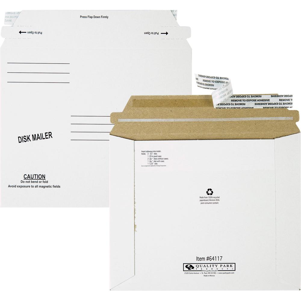 Quality Park Economy Disk/CD Mailers - Disc/Diskette - 7 1/2" Width x 6 1/8" Length - Self-sealing - Paperboard - 100 / Carton - White