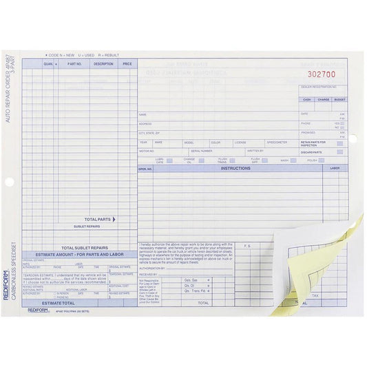 Rediform 3-part Auto Repair Order Forms - 3 PartCarbonless Copy - 11" x 8.50" Sheet Size - Assorted Sheet(s) - Blue Print Color - 50 / Pack