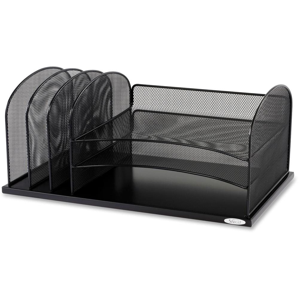 Safco Onyx 3 Tray/3 Upright Section Desk Organizer - 5 Compartment(s) - 8.3" Height x 19.5" Width x 11.5" DepthDesktop - Powder Coated - Black - Steel - 1 Each