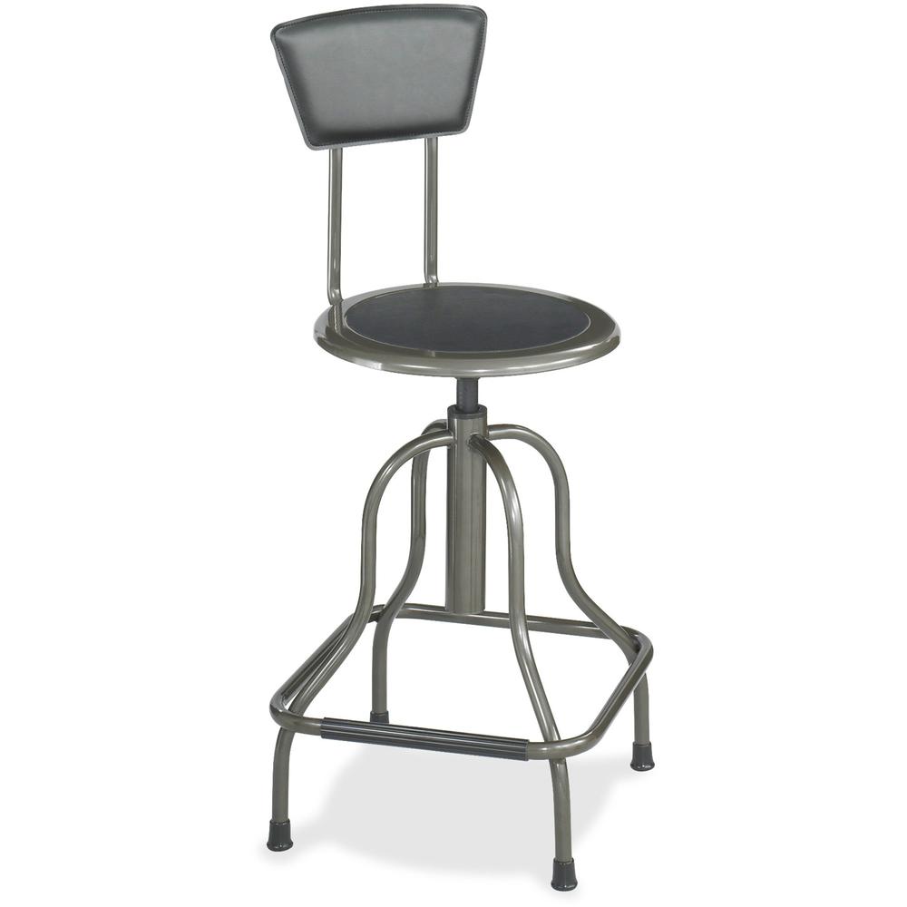 Safco Diesel High Base Stool With Back - Black Leather Seat - Leather Back - Pewter Steel Frame - Pewter - Leather - 1 Each