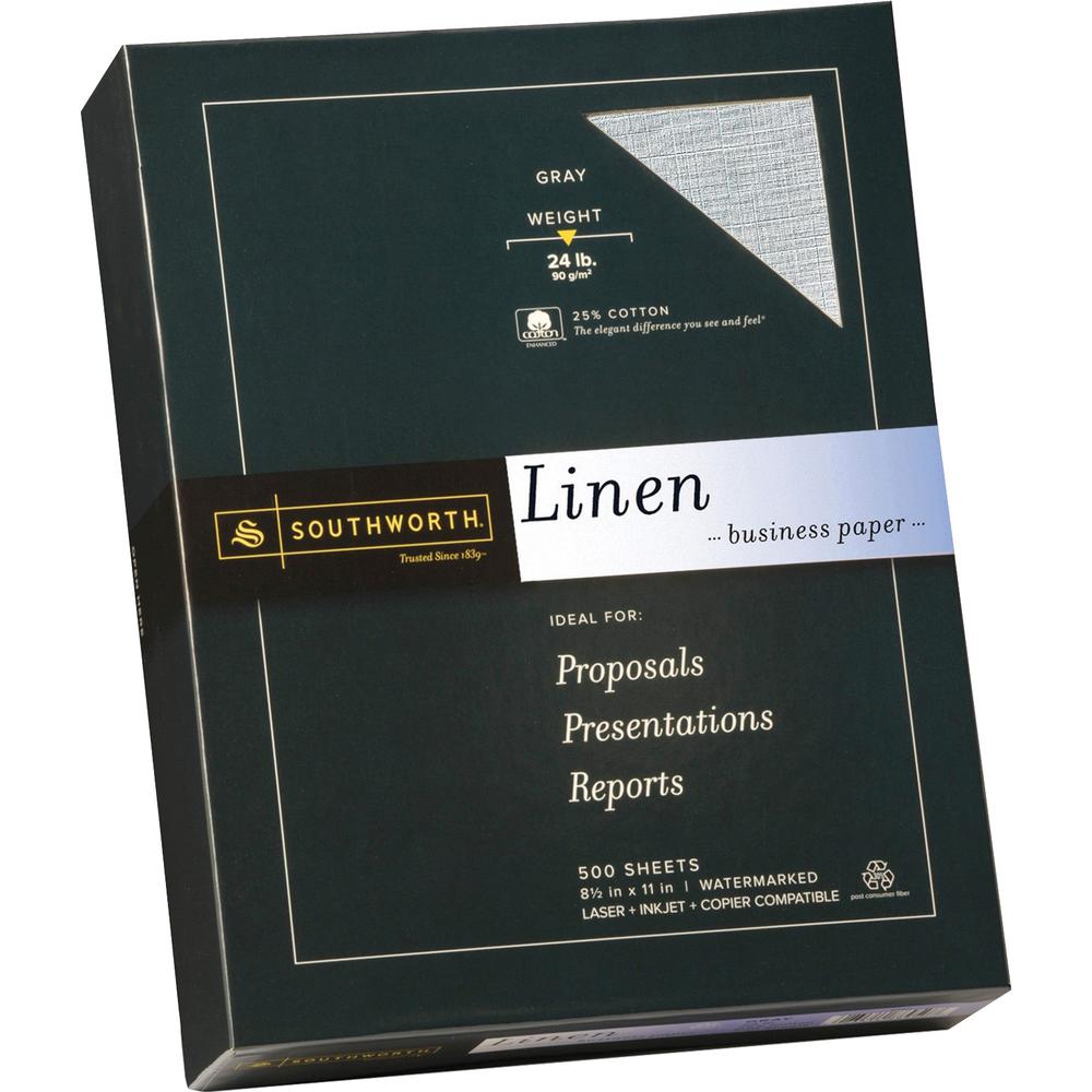 Southworth 25% Cotton Fine Linen Business Paper - Letter - 8 1/2" x 11" - 24 lb Basis Weight - Linen - 500 / Box - Acid-free, Watermarked, Date-coded, Lignin-free - Gray