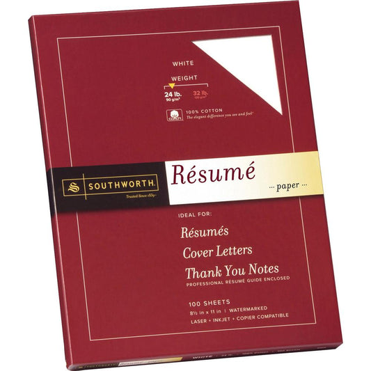 Southworth 100% Cotton Resume Paper - Letter - 8 1/2" x 11" - 24 lb Basis Weight - Wove - 100 / Box - White