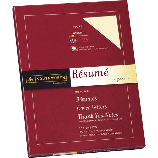 Southworth 100% Cotton Resume Paper - Letter - 8 1/2" x 11" - 24 lb Basis Weight - Wove - 100 / Box - Acid-free, Lignin-free - Ivory