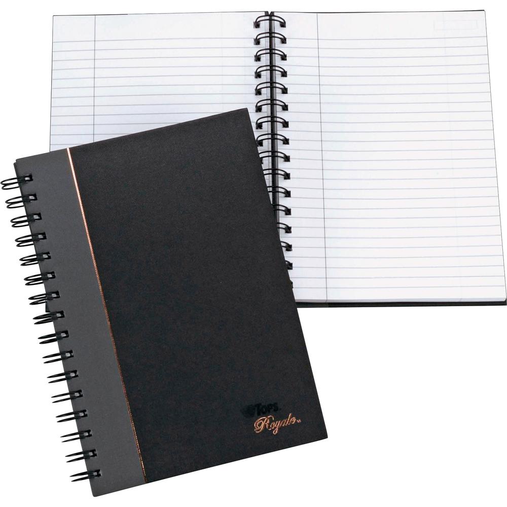 TOPS Sophisticated Business Executive Notebooks - 96 Sheets - Wire Bound - 20 lb Basis Weight - 5 7/8" x 8 1/4" - White Paper - Gray Binding - Black Cover - Hard Cover, Numbered, Ribbon Marker, Heavyw