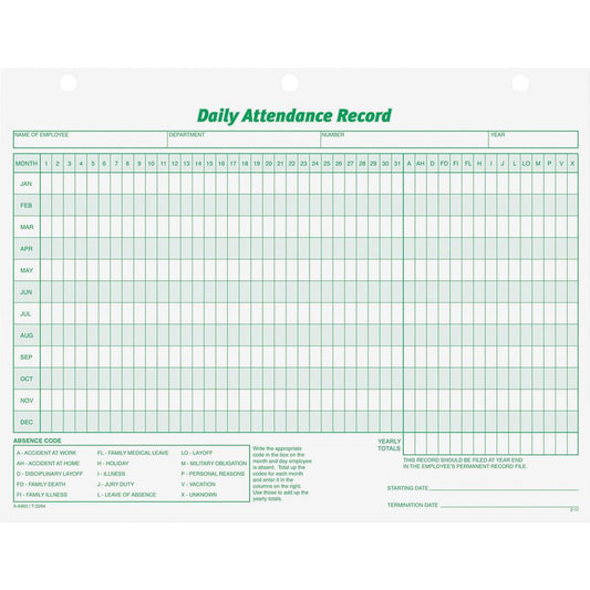 TOPS Daily Employee Attendance Record Form - 50 Sheet(s) - 11" x 8.50" Sheet Size - 3 x Holes - White - White Sheet(s) - Green Print Color - 1 / Pack