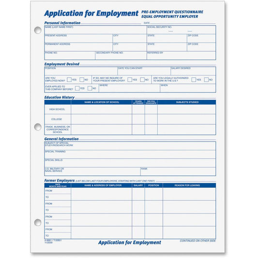 TOPS Employment Application Forms - 50 Sheet(s) - Gummed - 8.50" x 11" Sheet Size - White - White Sheet(s) - Black Print Color - 2 / Pack