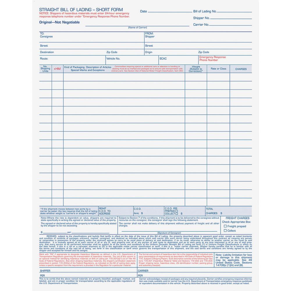 TOPS Bill-of-Lading Snap off 4-part Form Sets - 4 PartCarbonless Copy - 11.44" x 8.50" Sheet Size - White Sheet(s) - Light Blue, Blue, Red Print Color - 50 / Pack