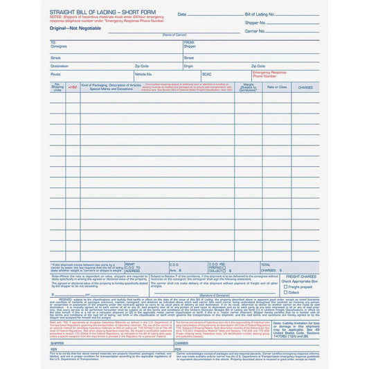 TOPS Bill-of-Lading Snap off 4-part Form Sets - 4 PartCarbonless Copy - 11.44" x 8.50" Sheet Size - White Sheet(s) - Light Blue, Blue, Red Print Color - 50 / Pack